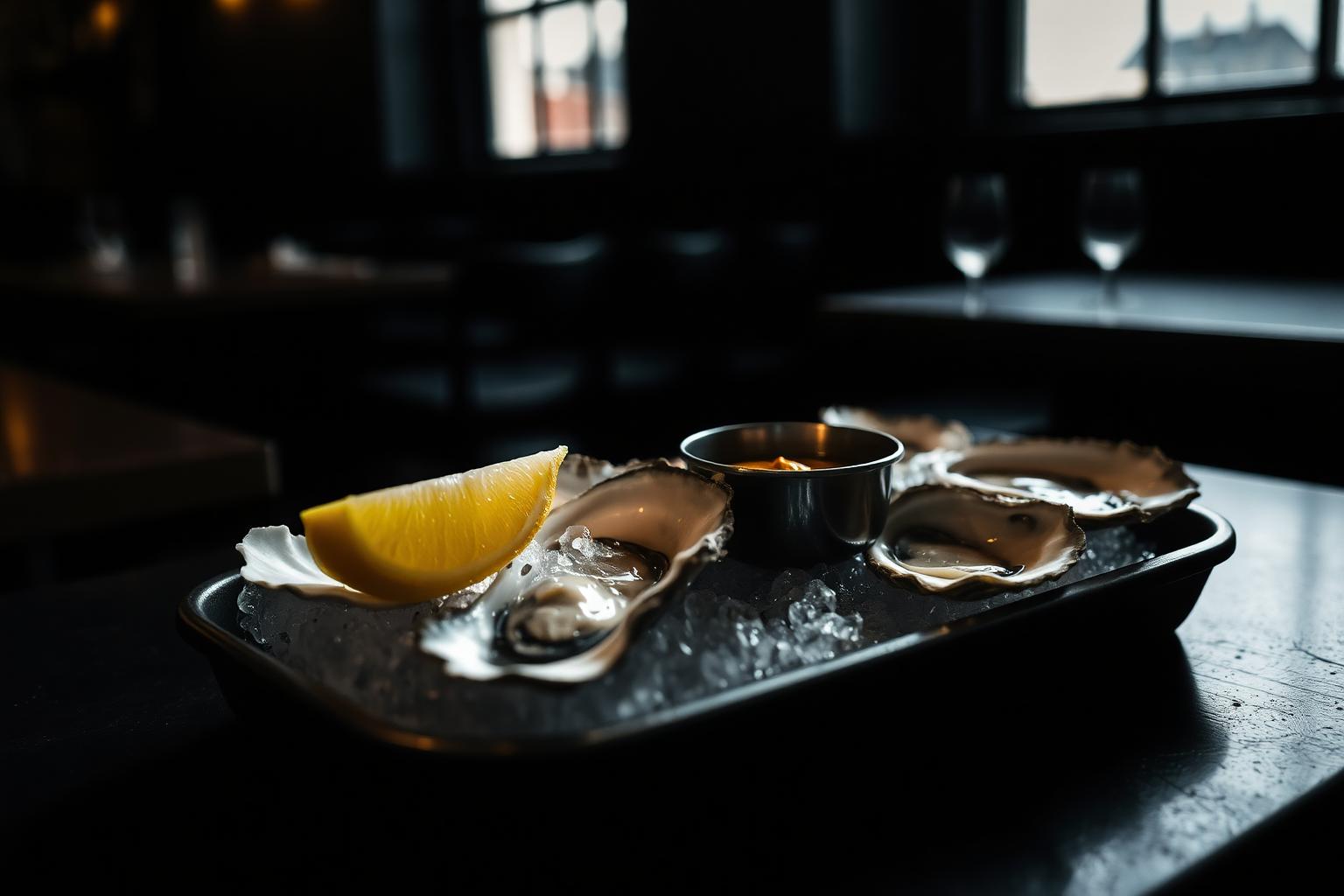West Coast Oysters — Glasgow Food photographer in Glasgow — West Coast oyster platter with lemon and mignonette plated on a dark zinc bar in a Finnieston seafood restaurant.