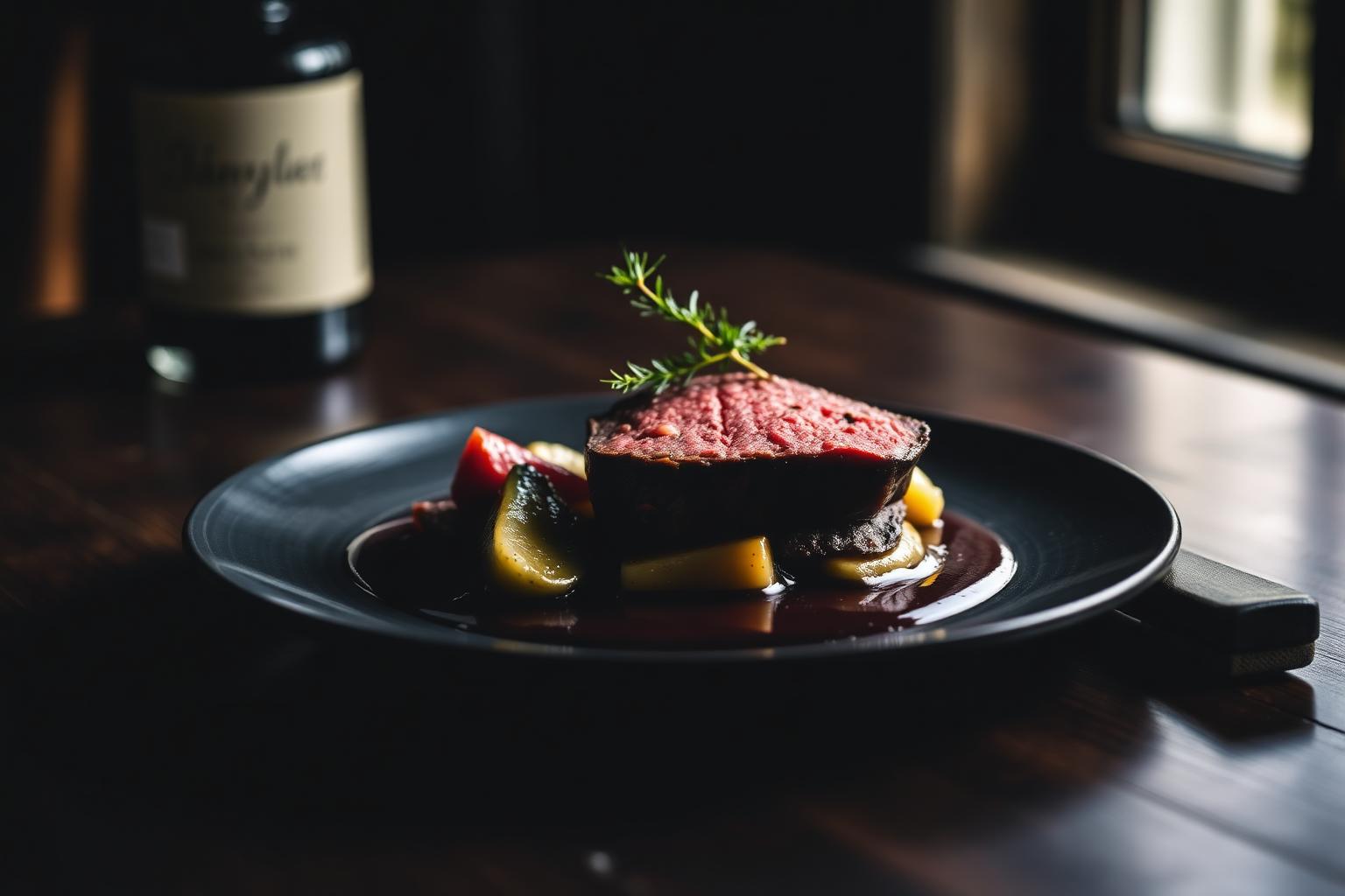 Scotch Beef Fillet — Stirling Food photographer in Stirling — rare Scotch beef fillet with seasonal vegetables and red wine jus on dark ceramic in a country-house restaurant.