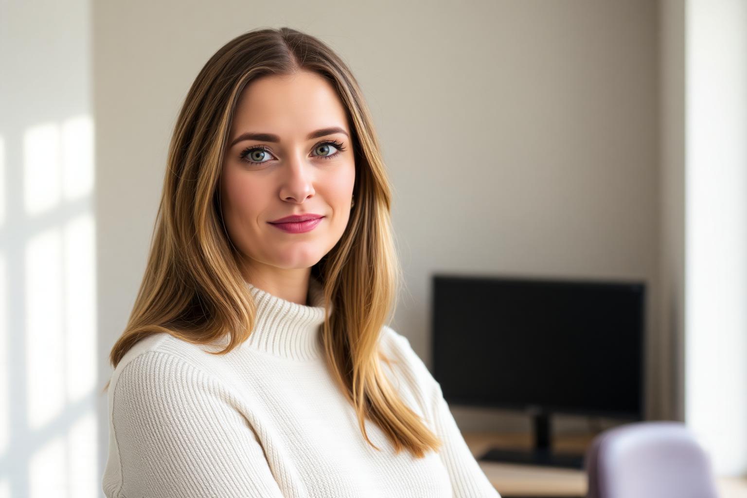 On-Location, FK1 — Falkirk Headshot photographer in Falkirk — on-location corporate portrait of a woman in a cream knit with a softly blurred neutral office background.