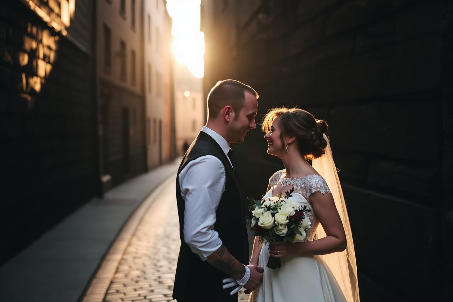 Old Town, Last Light — Edinburgh Wedding photographer in Edinburgh — bride and groom share a quiet golden-hour moment in a cobbled Old Town close.