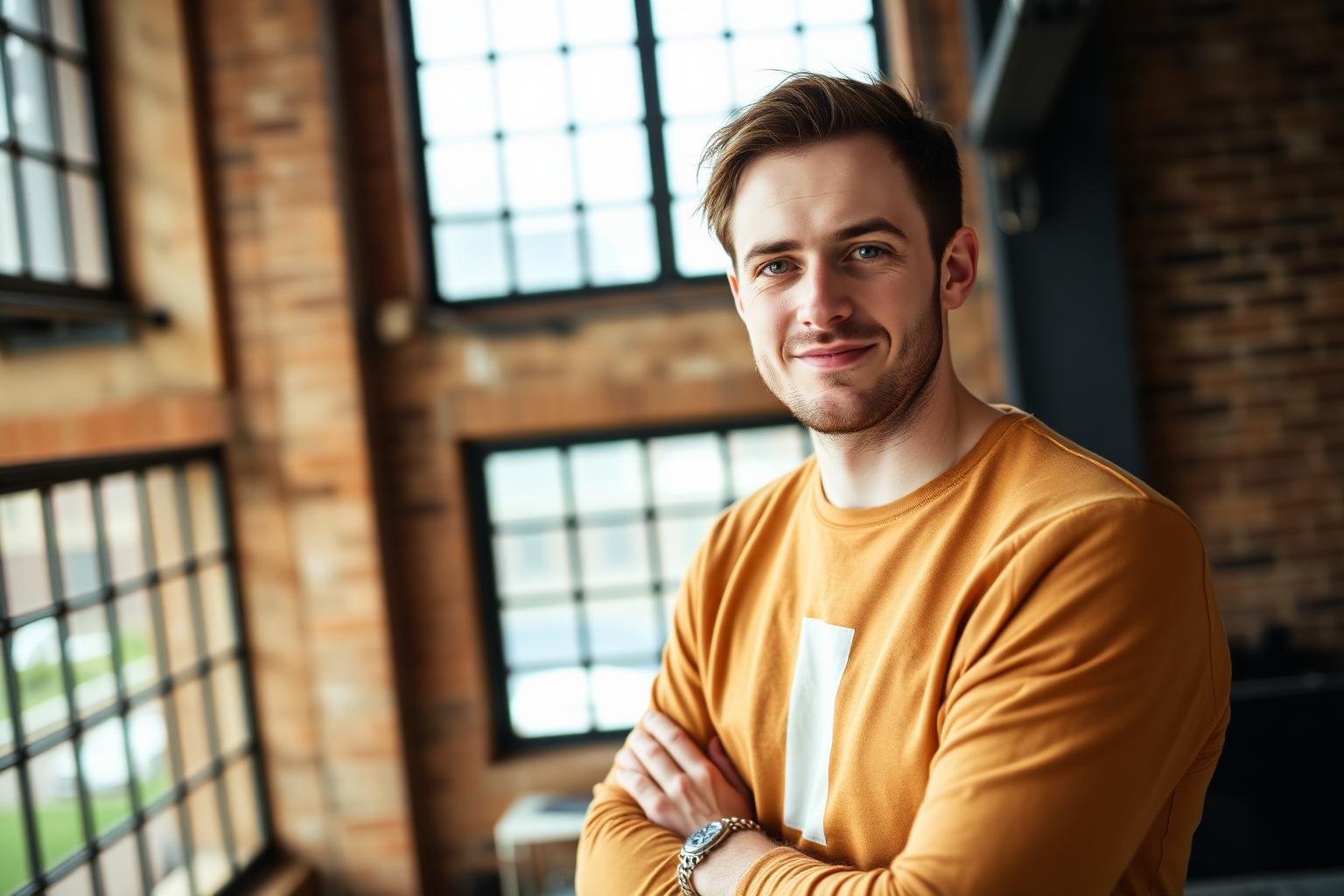 Merchant City Studio — Glasgow Brand photographer in Glasgow — male creative-director portrait in a Merchant City warehouse studio with brick walls and large industrial windows.