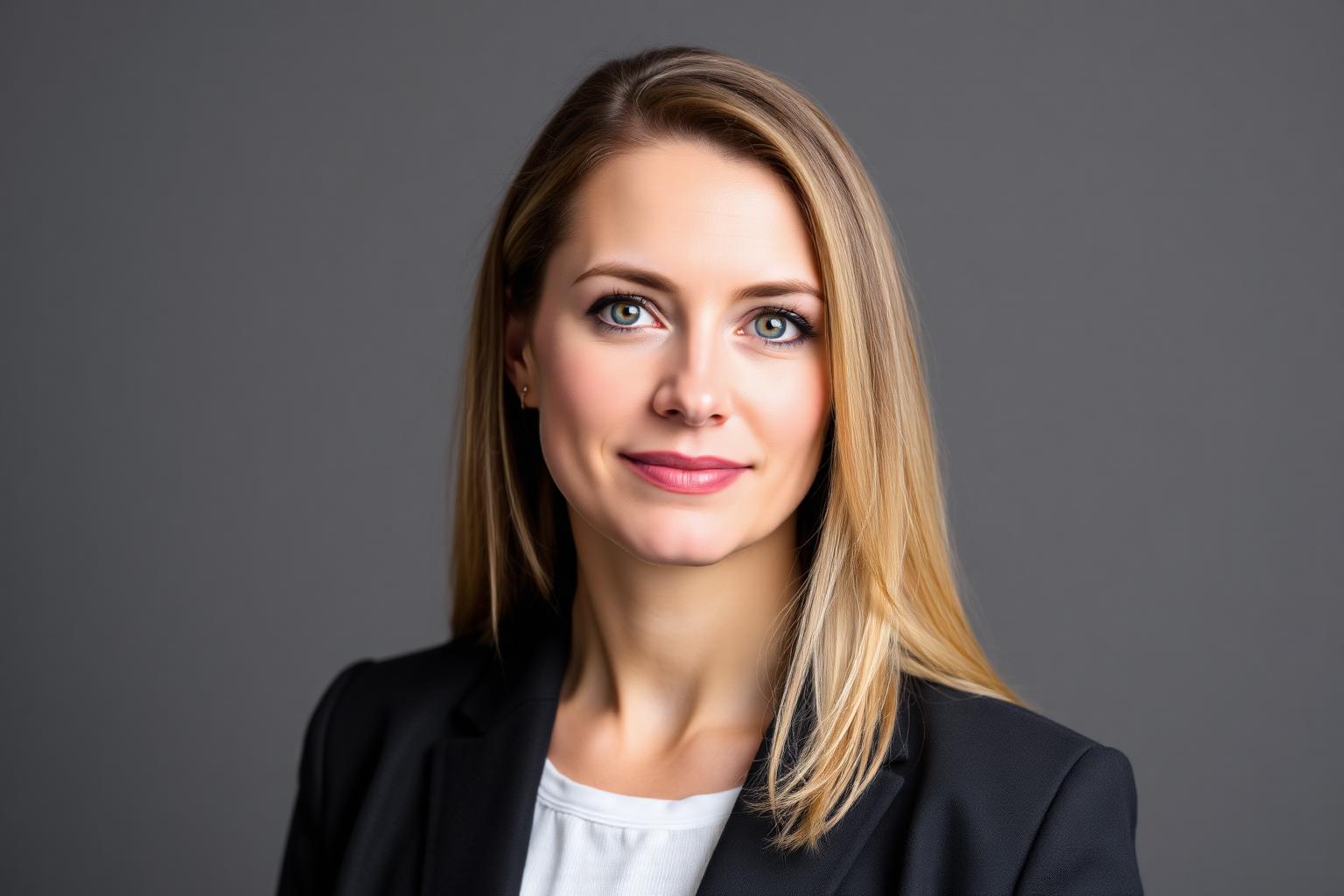 Studio Headshot, G1 — Glasgow Headshot photographer in Glasgow — editorial corporate portrait of a woman in a charcoal blazer against a warm grey backdrop.