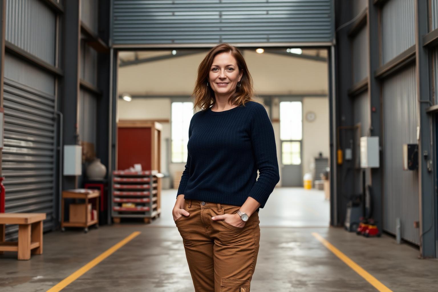Workshop Floor — Falkirk Brand photographer in Falkirk — female engineering founder portrait inside a modern Falkirk light-industrial workshop with a roller door open to overcast daylight.