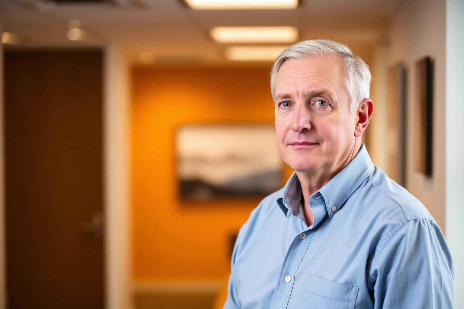 On-Location, FK8 — Stirling Headshot photographer in Stirling — on-location corporate portrait of a man in an open-collar shirt with a warm blurred office background.