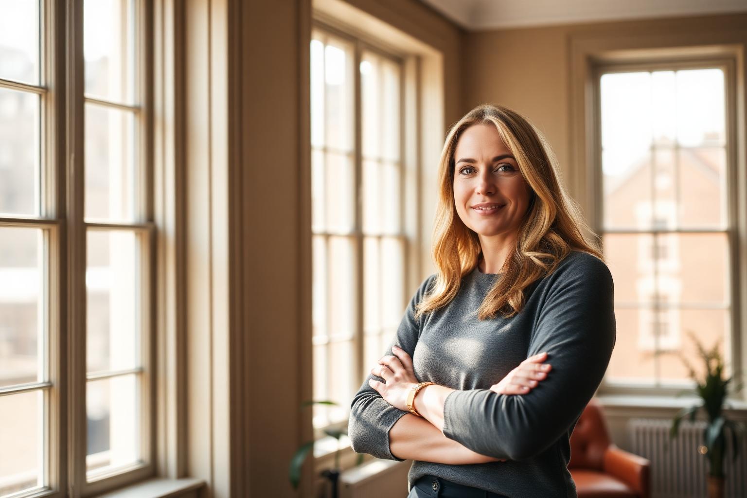 New Town Founder — Edinburgh Brand photographer in Edinburgh — female founder portrait in a sunlit New Town Georgian townhouse office.
