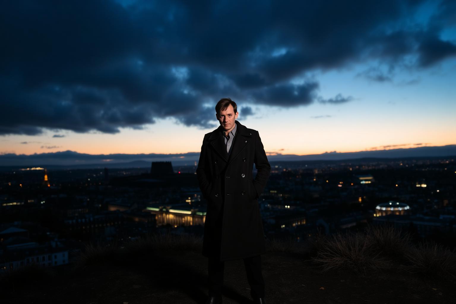 Calton Hill, Blue Hour — Edinburgh Advertising campaign photographer in Edinburgh — model in tailored outerwear above the city skyline at blue hour from Calton Hill.