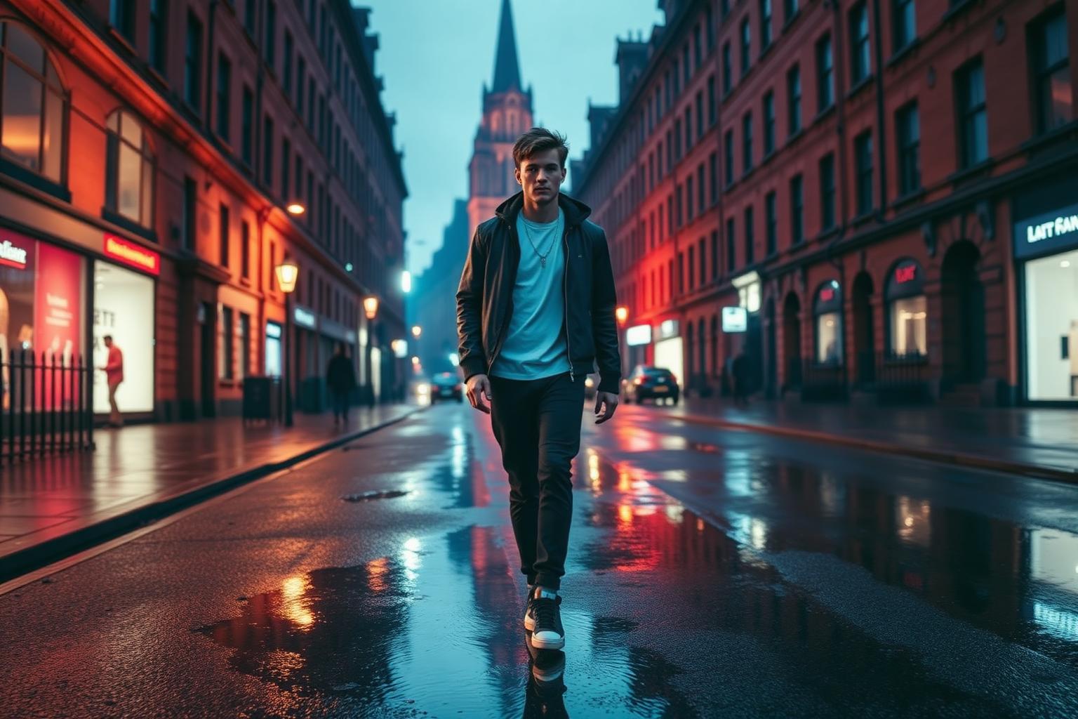 Wet Street, Dusk — Glasgow Advertising campaign photographer in Glasgow — model in modern streetwear walking a rain-slicked street between red sandstone tenements at dusk.