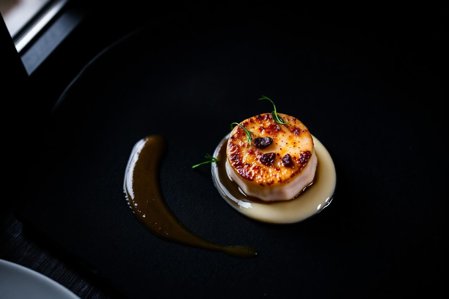 Scallop, Brown Butter — Edinburgh Food photographer in Edinburgh — seared scallop with cauliflower purée and brown butter plated on dark slate.