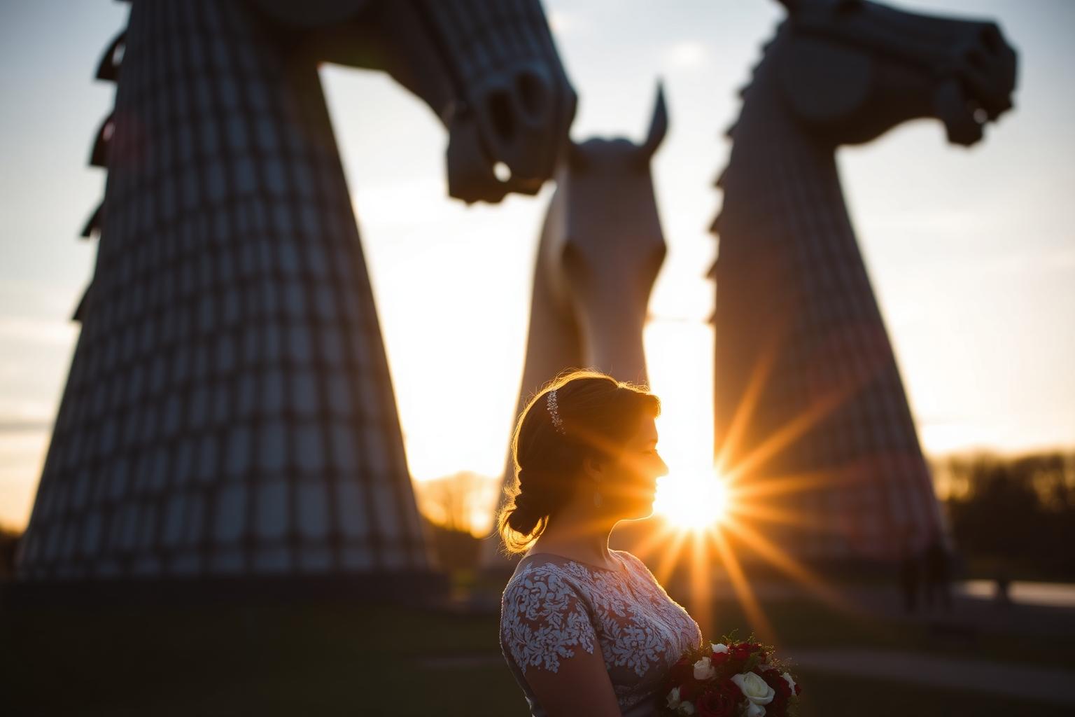Kelpies, Backlit — Falkirk Wedding photographer in Falkirk — couple sharing a quiet golden-hour moment with the Kelpies steel horse sculptures rising behind them.