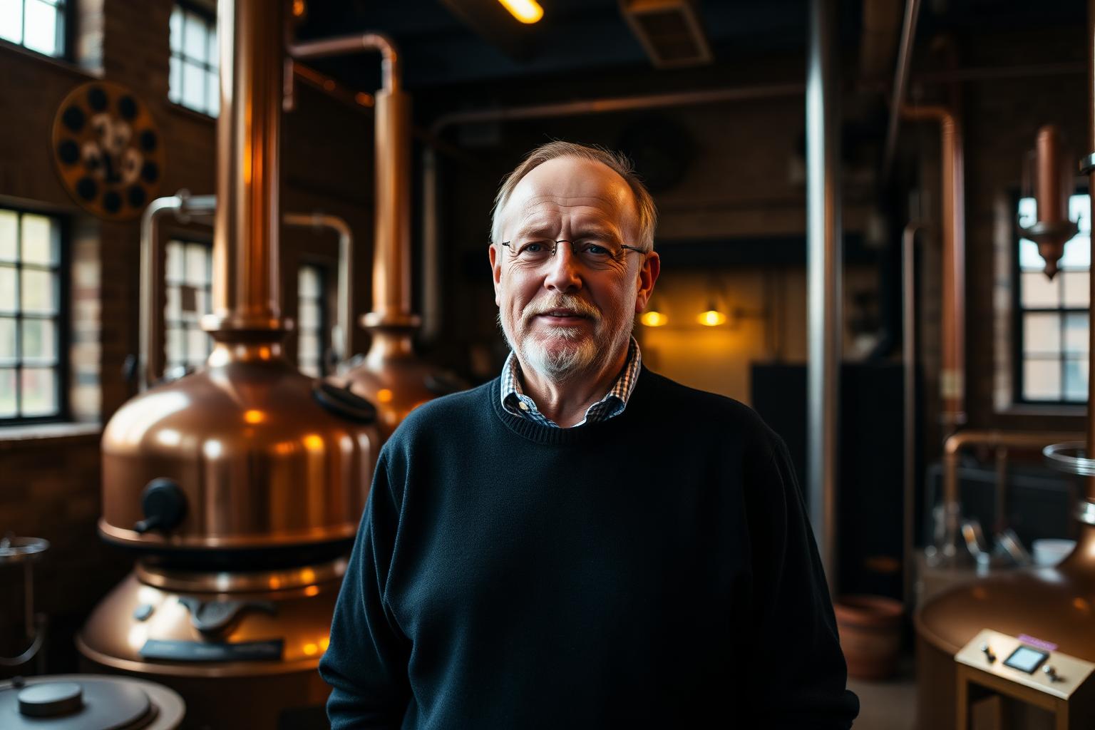 Copper Stills — Stirling Brand photographer in Stirling — whisky distillery founder portrait beside copper pot stills inside a craft distillery.