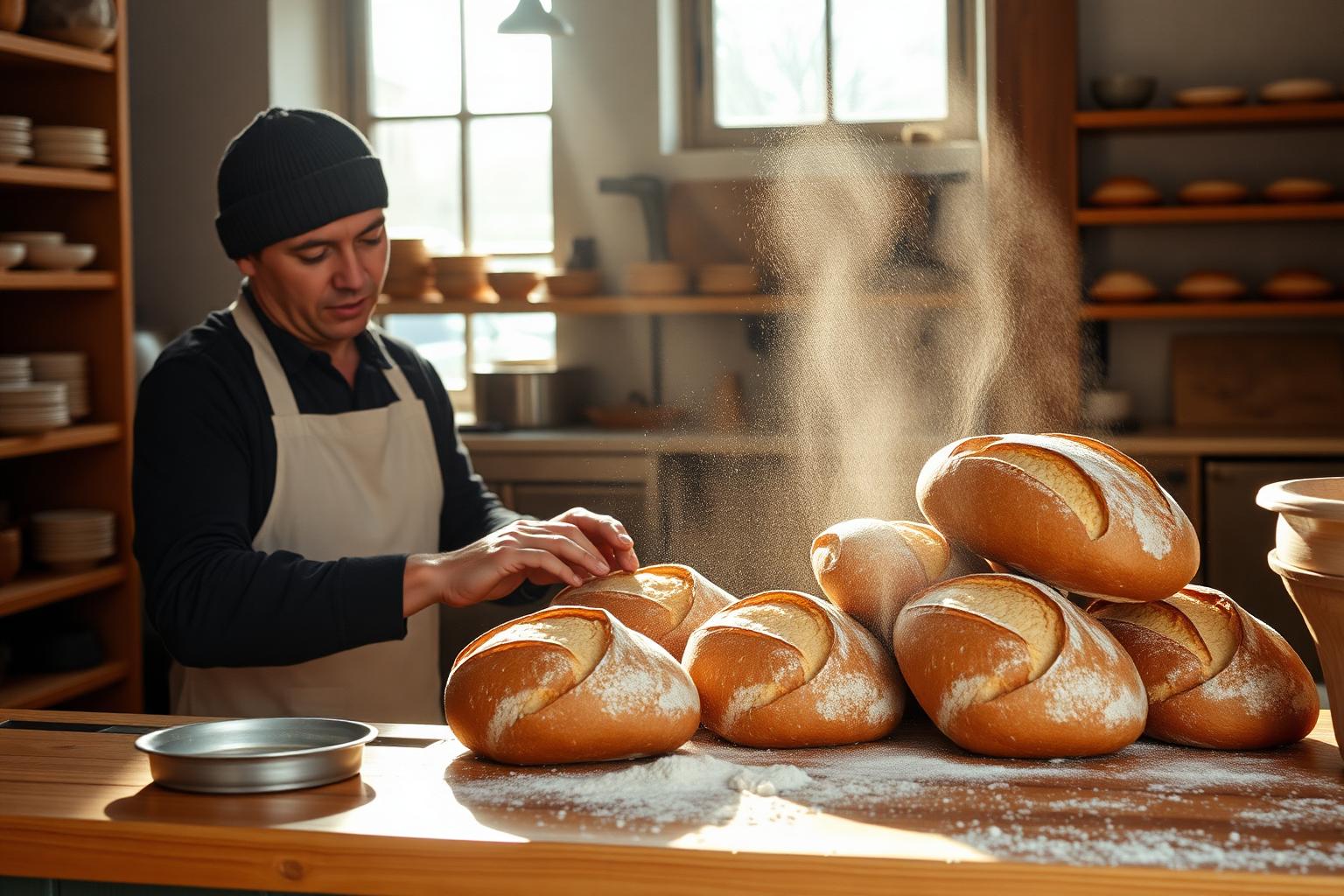 Morning Bake — Stirling Social media content photographer in Stirling — baker arranging fresh sourdough loaves on a wooden counter in a small Stirling artisan bakery.