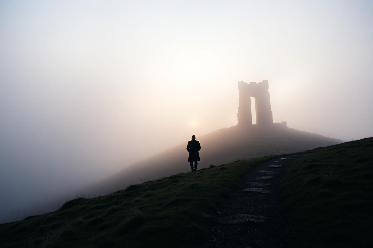Wallace at Dawn — Stirling Advertising campaign photographer in Stirling — lone figure in heritage tweed on a misty hillside path with the silhouette of the Wallace Monument visible at dawn.