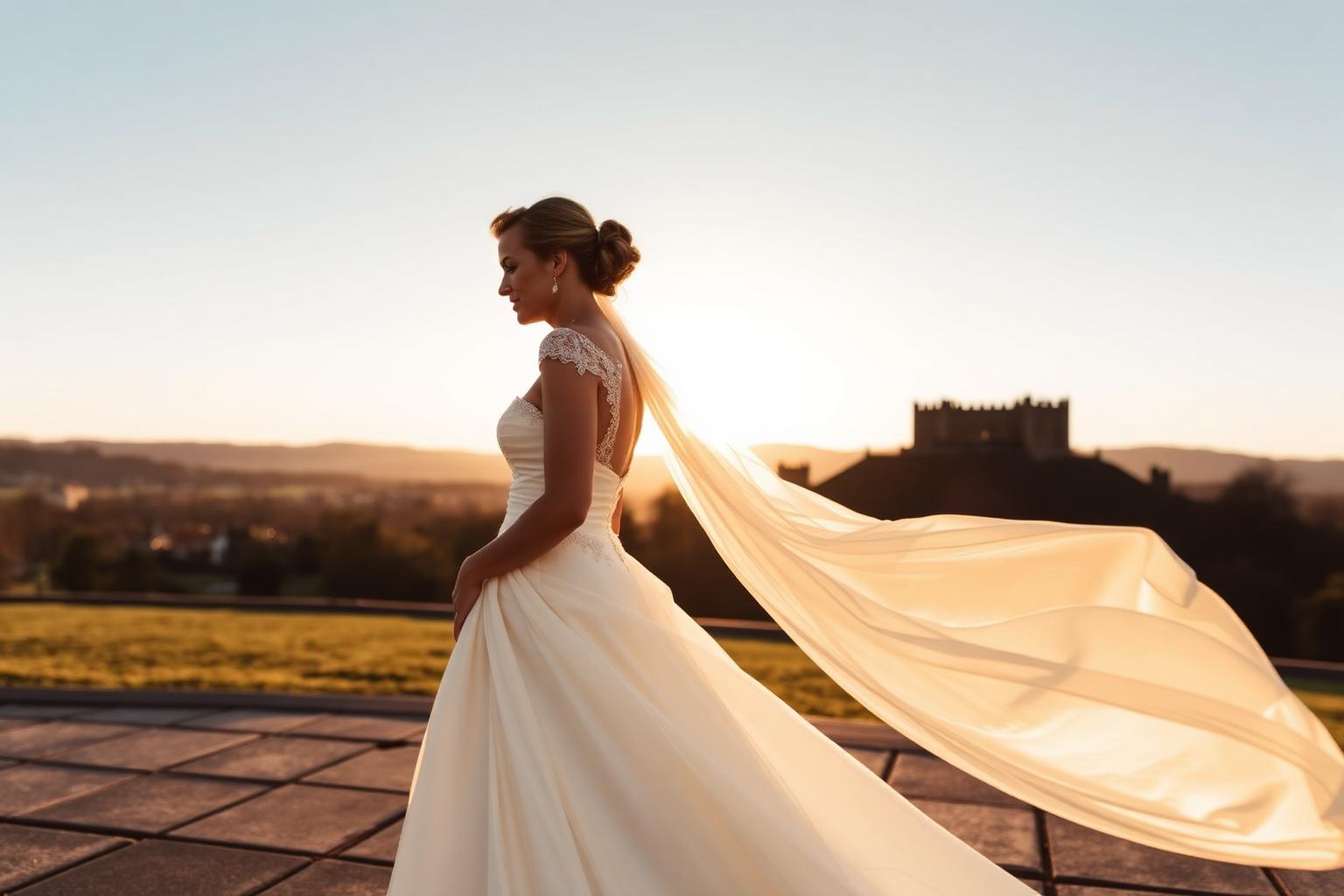 Castle Esplanade — Stirling Wedding photographer in Stirling — bride in flowing gown on Stirling Castle esplanade at golden hour with the Wallace Monument in the distance.