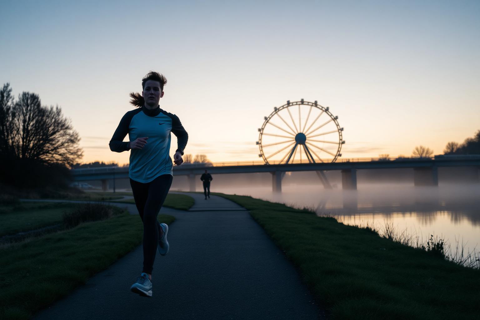 Falkirk Wheel, Dawn — Falkirk Advertising campaign photographer in Falkirk — runner in modern sportswear on a canal path at dawn with the Falkirk Wheel rotating in the background through mist.