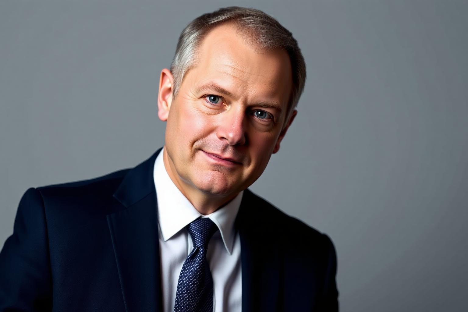Studio Headshot, EH3 — Edinburgh Headshot photographer in Edinburgh — clean editorial corporate portrait of a man in a navy suit against a neutral grey backdrop.