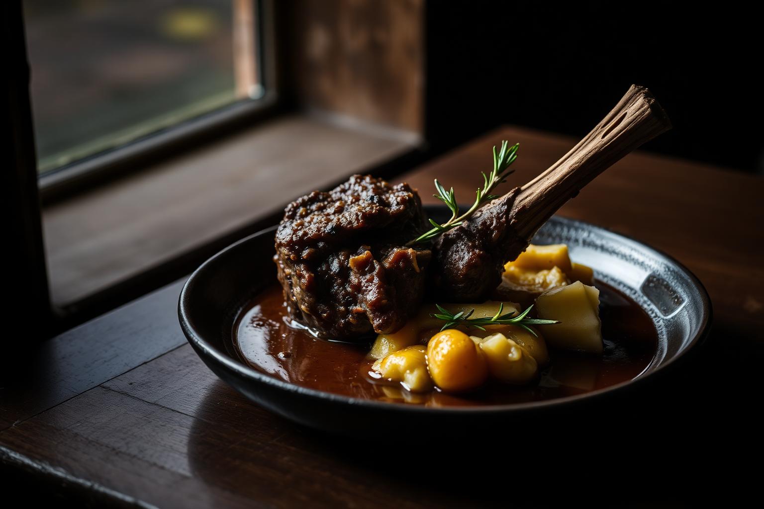 Slow-Cooked Lamb — Falkirk Food photographer in Falkirk — slow-cooked Scottish lamb shank with mashed neeps and rosemary plated on dark stoneware at a Falkirk gastropub.