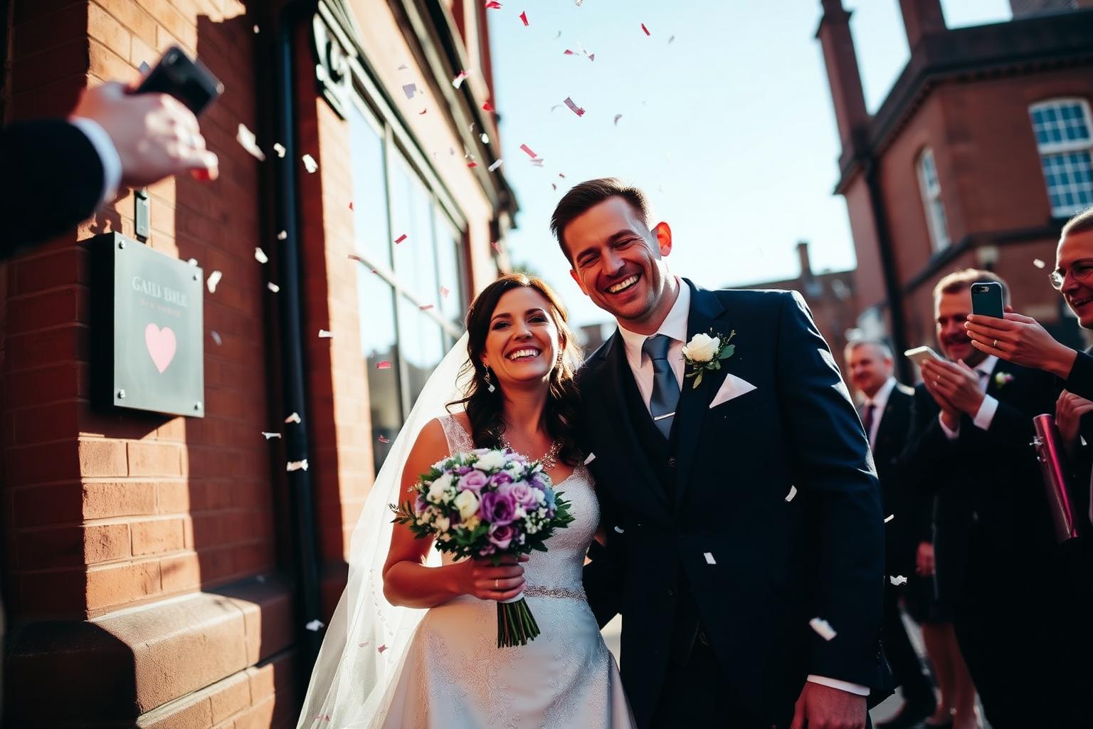 Confetti, West End — Glasgow Wedding photographer in Glasgow — couple laughing as confetti falls outside a red sandstone West End venue.