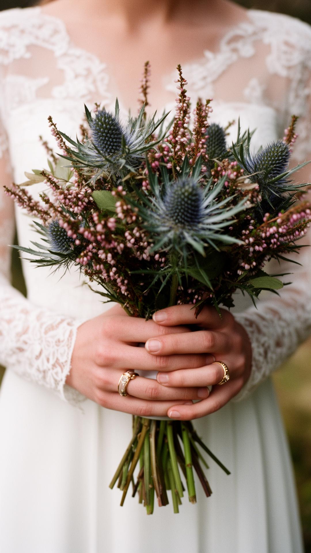 Bride's hands holding a wild Scottish thistle and heather bouquet