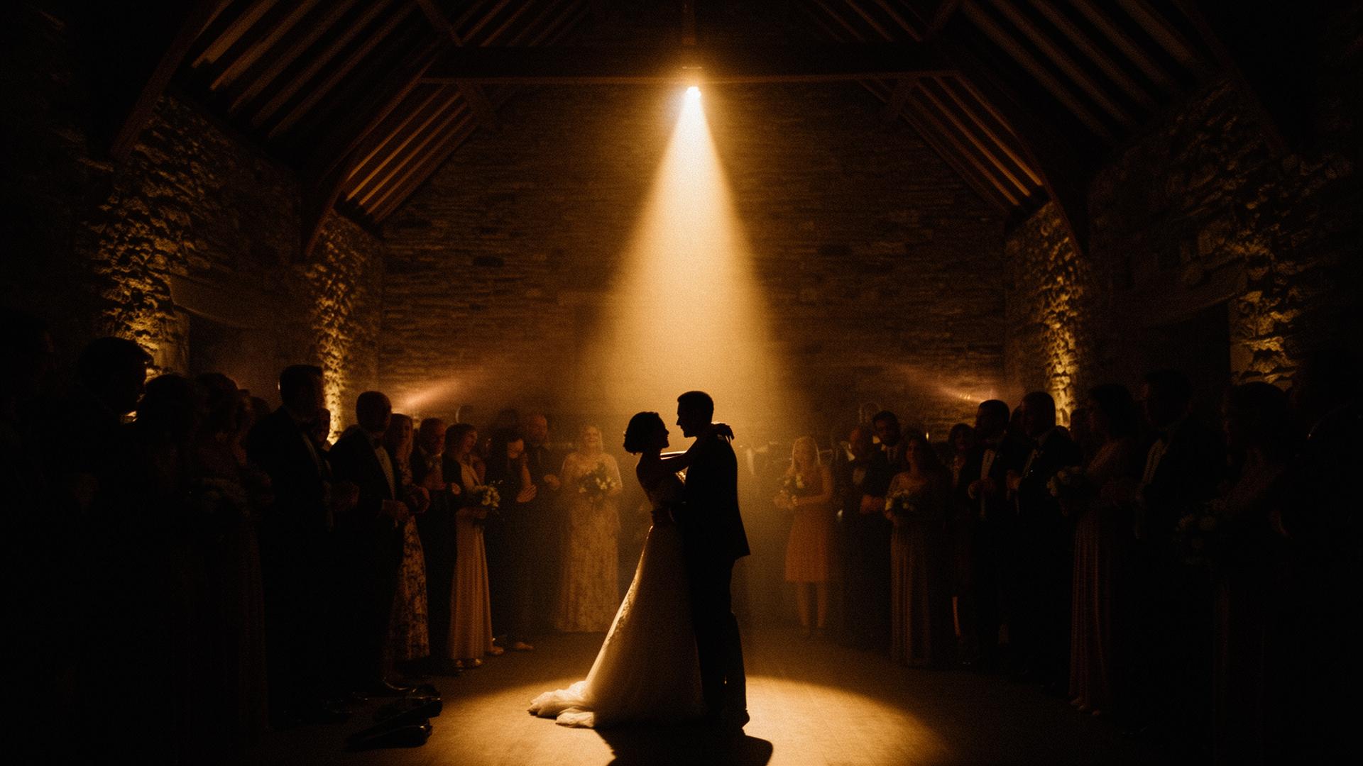 Silhouette of bride and groom dancing under a single warm spotlight in a stone barn
